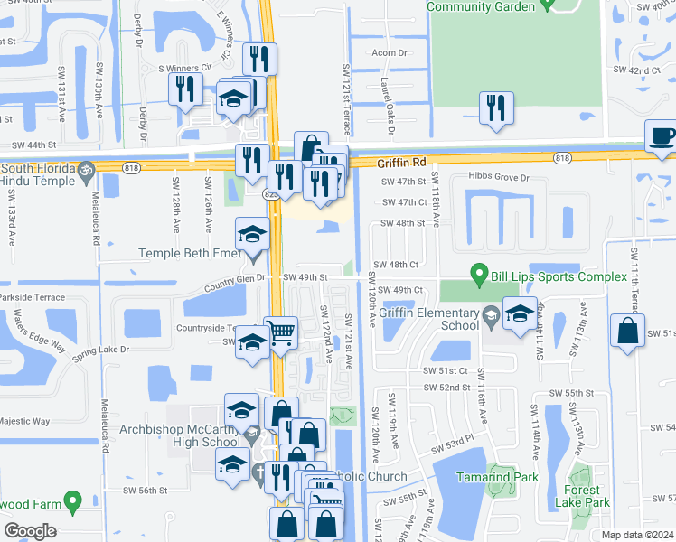 map of restaurants, bars, coffee shops, grocery stores, and more near 12152 Natalies Cove Road in Cooper City