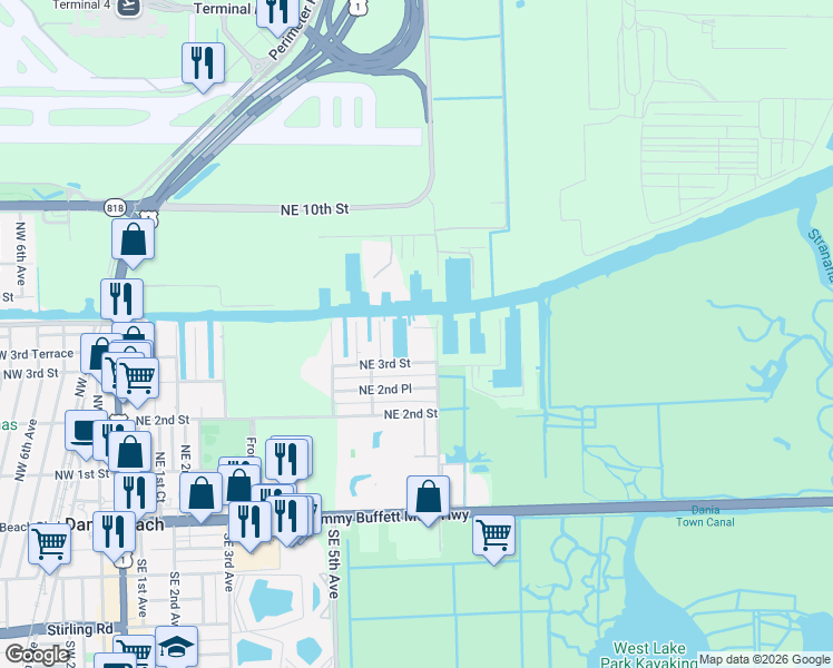 map of restaurants, bars, coffee shops, grocery stores, and more near 635 Northeast 3rd Terrace in Dania Beach