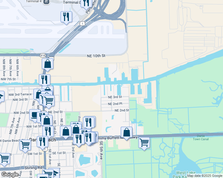 map of restaurants, bars, coffee shops, grocery stores, and more near 318 Northeast 5th Court in Dania Beach