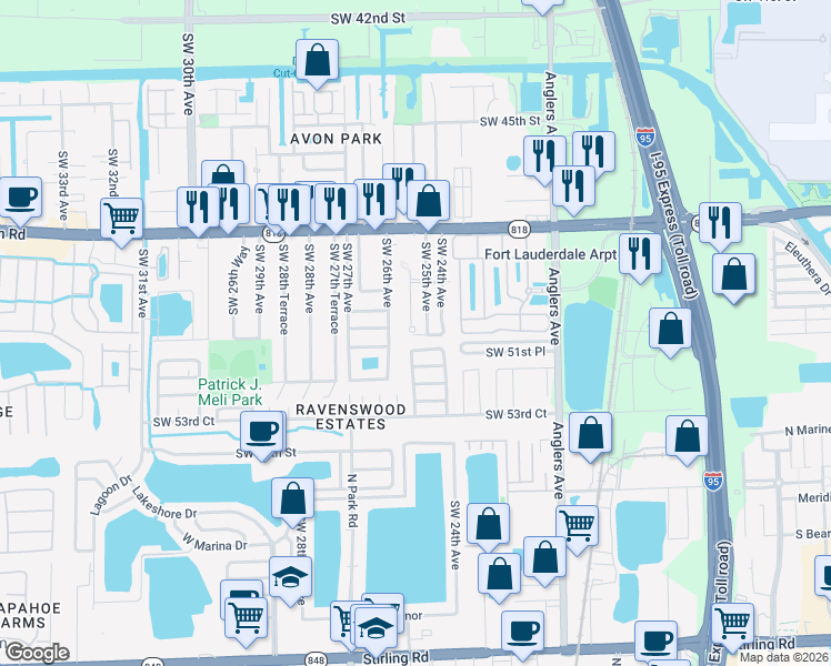 map of restaurants, bars, coffee shops, grocery stores, and more near 4991 Southwest 25th Avenue in Fort Lauderdale