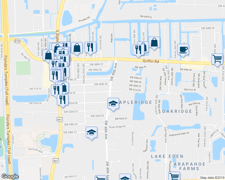 map of restaurants, bars, coffee shops, grocery stores, and more near 4020 Southwest 50th Street in Fort Lauderdale