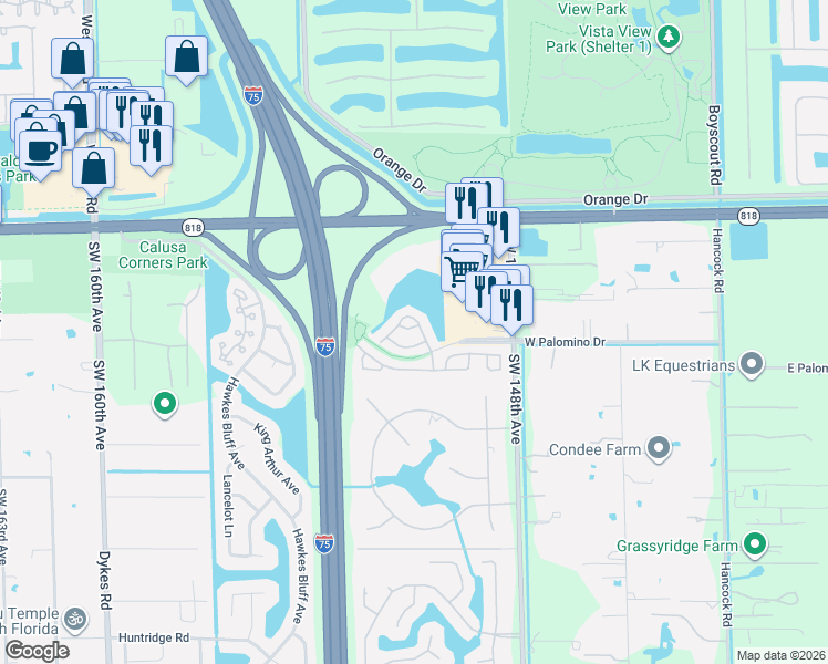 map of restaurants, bars, coffee shops, grocery stores, and more near 4917 Southwest 153rd Avenue in Davie