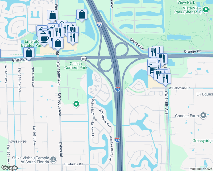 map of restaurants, bars, coffee shops, grocery stores, and more near 4800 East Roundtable Road in Davie