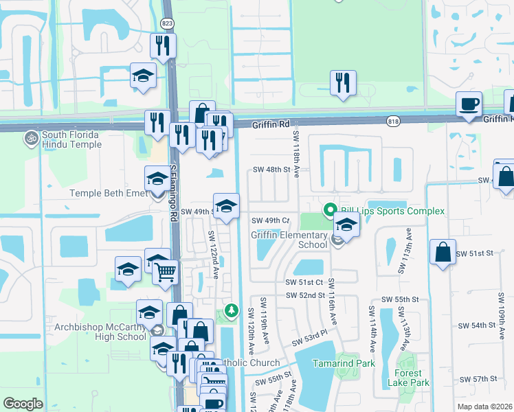 map of restaurants, bars, coffee shops, grocery stores, and more near 4810 Southwest 120th Avenue in Cooper City