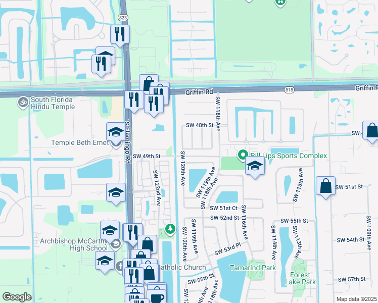 map of restaurants, bars, coffee shops, grocery stores, and more near 4810 Southwest 120th Avenue in Cooper City
