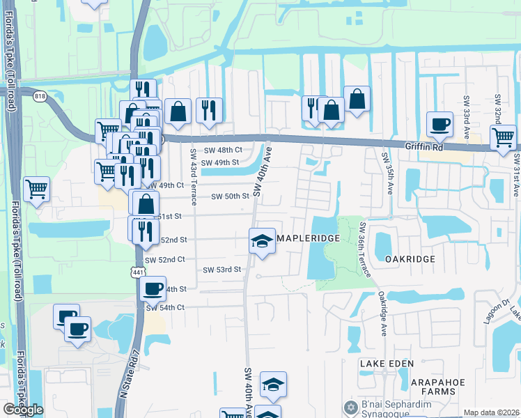 map of restaurants, bars, coffee shops, grocery stores, and more near 4020 Southwest 50th Street in Fort Lauderdale