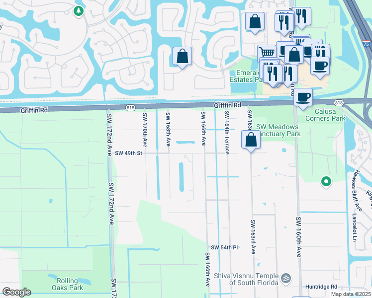 map of restaurants, bars, coffee shops, grocery stores, and more near 16701 Southwest 49th Street in Southwest Ranches