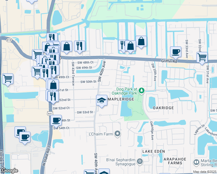 map of restaurants, bars, coffee shops, grocery stores, and more near 3911 Southwest 51st Street in Fort Lauderdale