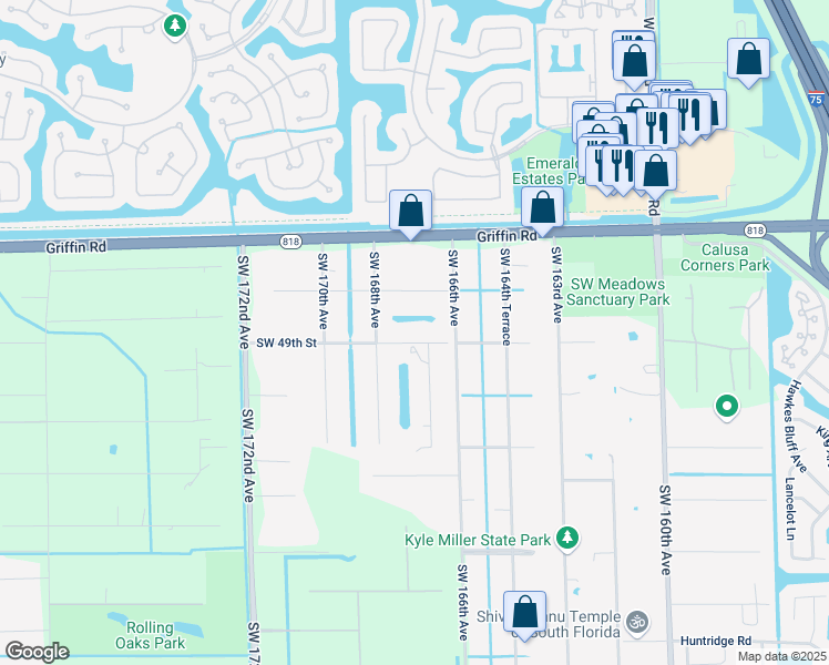 map of restaurants, bars, coffee shops, grocery stores, and more near 16701 Southwest 49th Street in Southwest Ranches