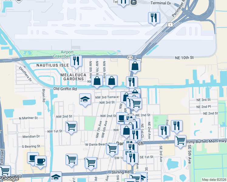 map of restaurants, bars, coffee shops, grocery stores, and more near 513 Old Griffin Road in Dania Beach