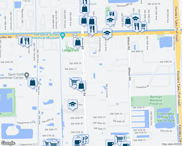 map of restaurants, bars, coffee shops, grocery stores, and more near 5080 Southwest 64th Avenue in Davie