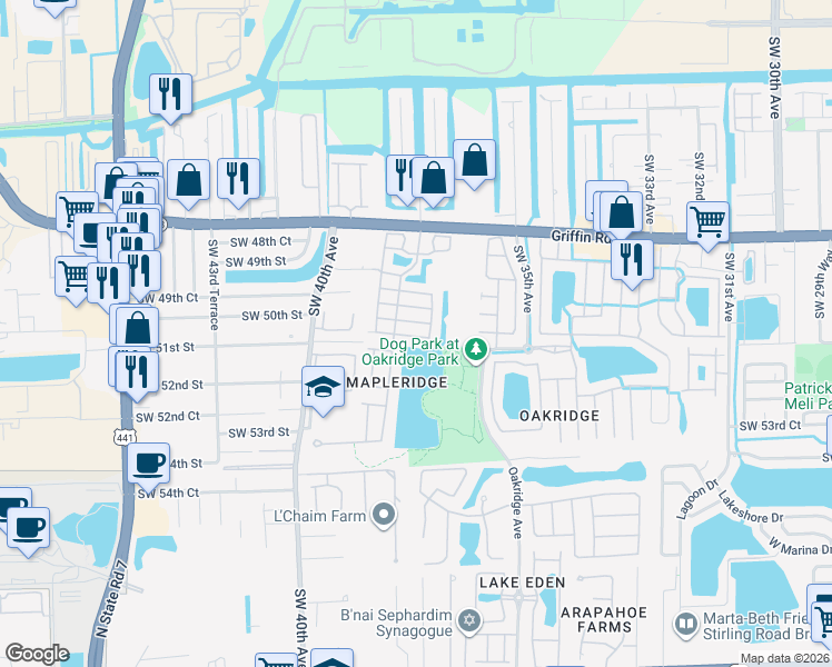 map of restaurants, bars, coffee shops, grocery stores, and more near 3707 Southwest 50th Court in Fort Lauderdale