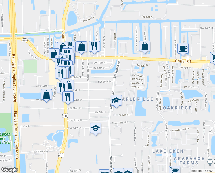 map of restaurants, bars, coffee shops, grocery stores, and more near 4154 Southwest 50th Street in Fort Lauderdale
