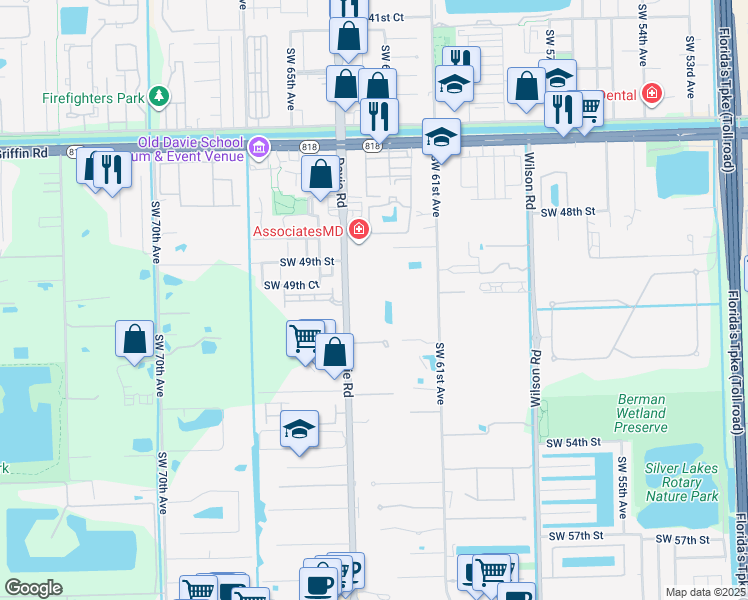 map of restaurants, bars, coffee shops, grocery stores, and more near 5080 Southwest 64th Avenue in Davie