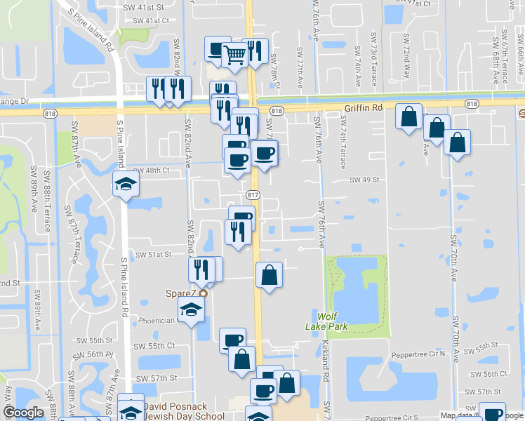 map of restaurants, bars, coffee shops, grocery stores, and more near 7952 North Southwood Circle in Davie