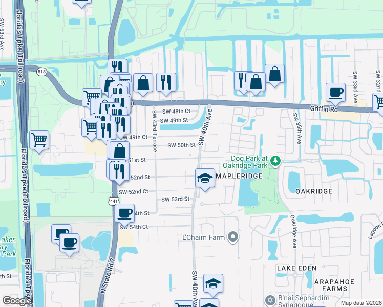 map of restaurants, bars, coffee shops, grocery stores, and more near 4020 Southwest 50th Street in Fort Lauderdale