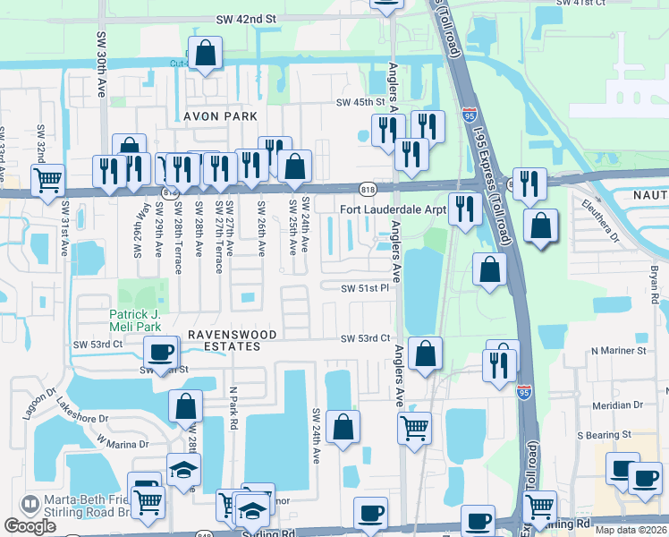 map of restaurants, bars, coffee shops, grocery stores, and more near 4976 Leeward Lane in Fort Lauderdale
