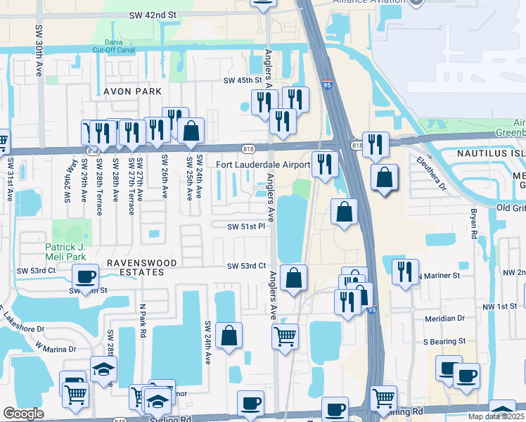 map of restaurants, bars, coffee shops, grocery stores, and more near 2131 Anchor Court in Fort Lauderdale