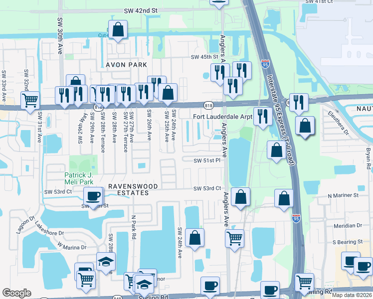 map of restaurants, bars, coffee shops, grocery stores, and more near 4976 Leeward Lane in Fort Lauderdale