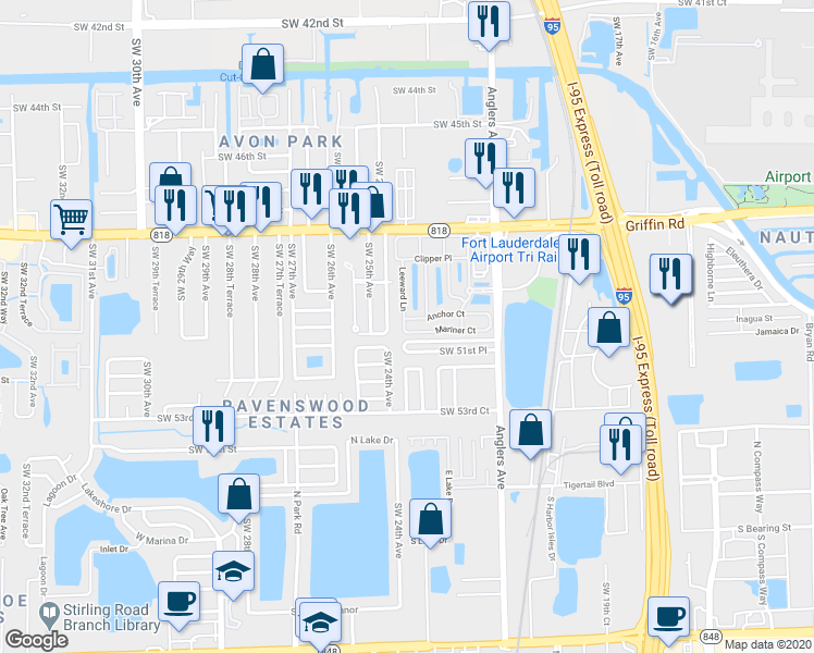 map of restaurants, bars, coffee shops, grocery stores, and more near 4976 Leeward Lane in Fort Lauderdale