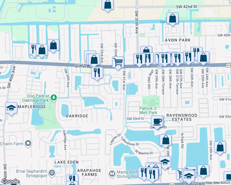 map of restaurants, bars, coffee shops, grocery stores, and more near 3169 Southwest 50th Street in Fort Lauderdale