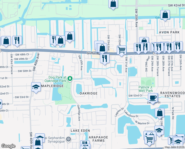 map of restaurants, bars, coffee shops, grocery stores, and more near 3360 Southwest 50th Street in Fort Lauderdale