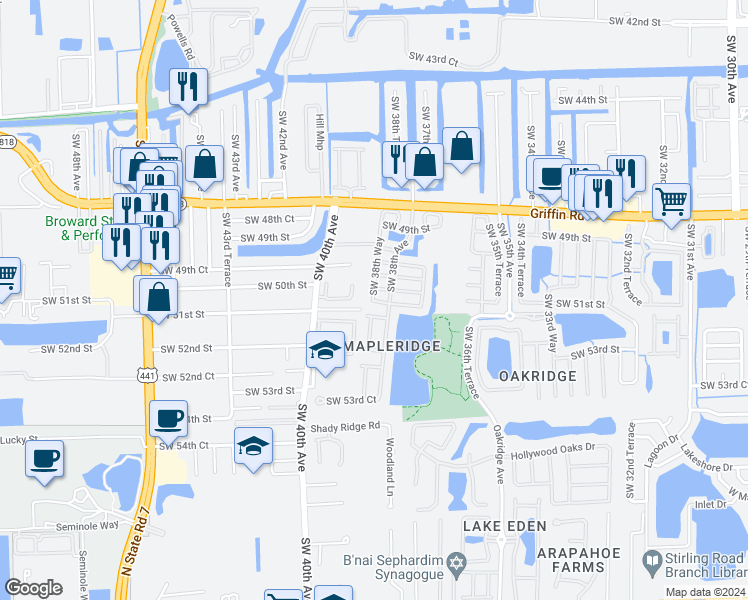map of restaurants, bars, coffee shops, grocery stores, and more near 3808 Southwest 50th Court in Fort Lauderdale
