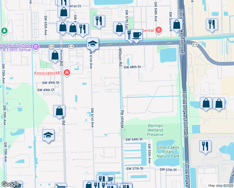 map of restaurants, bars, coffee shops, grocery stores, and more near 5053 Southwest 58th Avenue in Davie