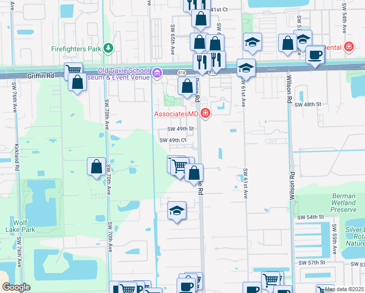 map of restaurants, bars, coffee shops, grocery stores, and more near 6543 North Anise Court in Davie