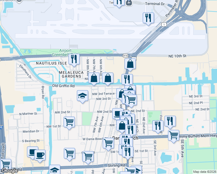 map of restaurants, bars, coffee shops, grocery stores, and more near 513 Old Griffin Road in Dania Beach