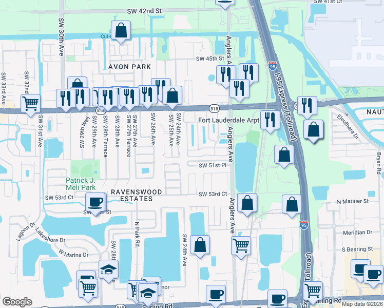 map of restaurants, bars, coffee shops, grocery stores, and more near 4976 Leeward Lane in Fort Lauderdale