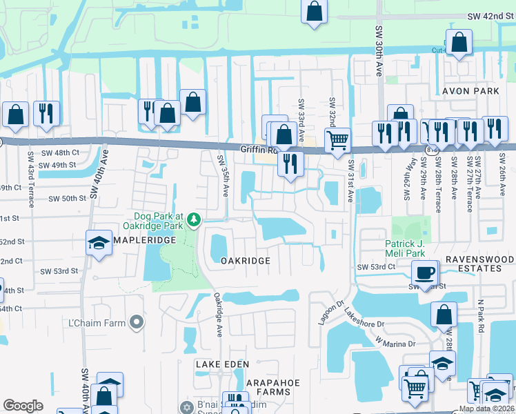 map of restaurants, bars, coffee shops, grocery stores, and more near 3360 Southwest 50th Street in Fort Lauderdale