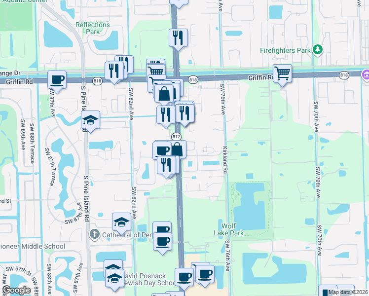 map of restaurants, bars, coffee shops, grocery stores, and more near 7952 North Southwood Circle in Davie