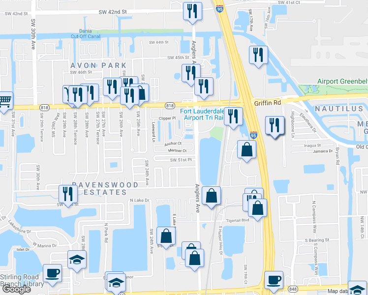 map of restaurants, bars, coffee shops, grocery stores, and more near 2131 Anchor Court in Fort Lauderdale