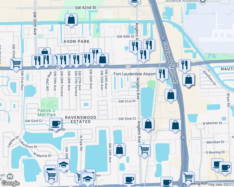map of restaurants, bars, coffee shops, grocery stores, and more near 4976 Leeward Lane in Fort Lauderdale