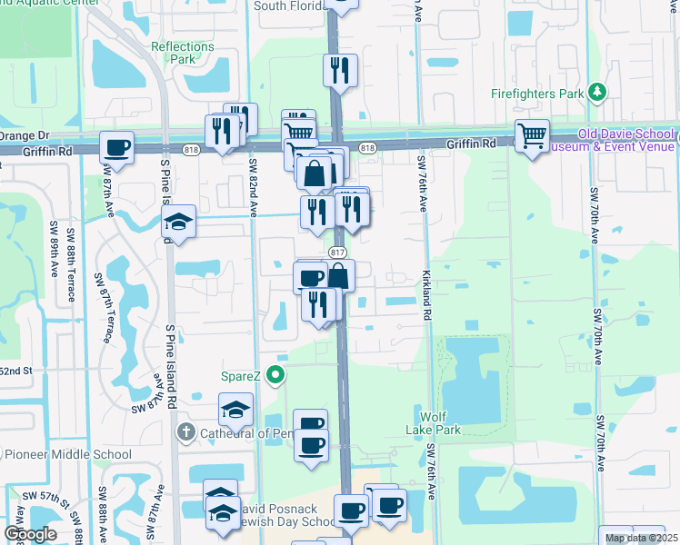 map of restaurants, bars, coffee shops, grocery stores, and more near 7952 North Southwood Circle in Davie