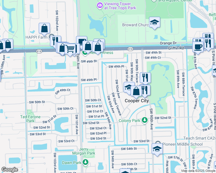map of restaurants, bars, coffee shops, grocery stores, and more near 5021 Southwest 92nd Terrace in Cooper City