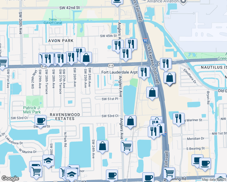 map of restaurants, bars, coffee shops, grocery stores, and more near 2131 Anchor Court in Fort Lauderdale