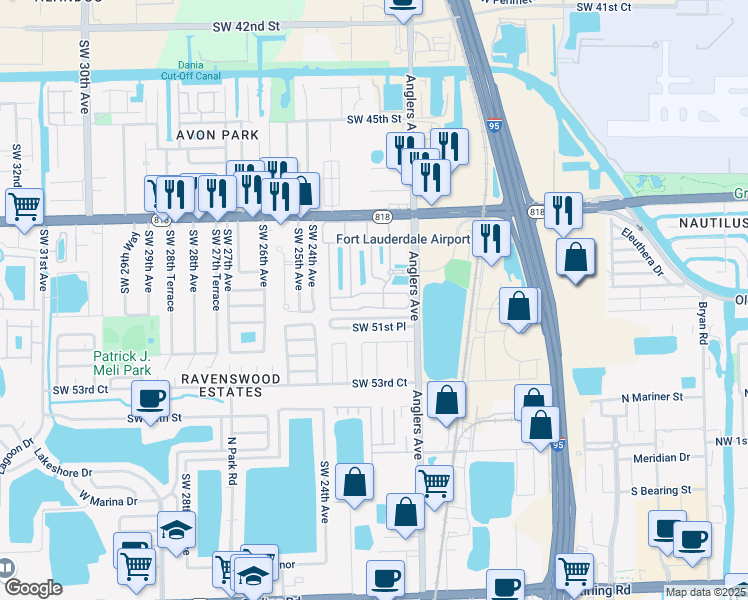 map of restaurants, bars, coffee shops, grocery stores, and more near 2250 Anchor Court in Fort Lauderdale