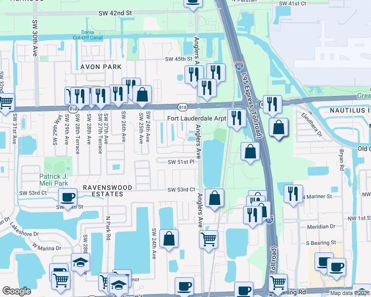 map of restaurants, bars, coffee shops, grocery stores, and more near 2131 Anchor Court in Fort Lauderdale