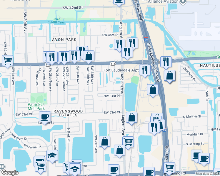 map of restaurants, bars, coffee shops, grocery stores, and more near 2250 Anchor Court in Fort Lauderdale