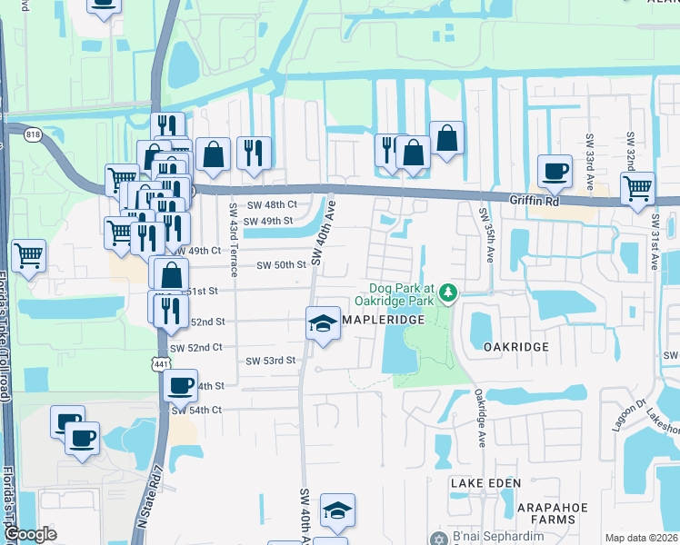 map of restaurants, bars, coffee shops, grocery stores, and more near 5026 Southwest 40th Avenue in Fort Lauderdale