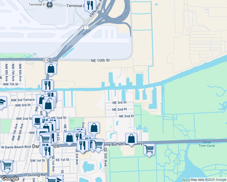 map of restaurants, bars, coffee shops, grocery stores, and more near 318 Northeast 5th Court in Dania Beach
