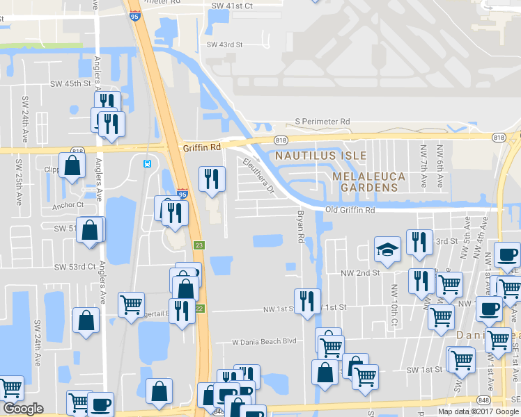 map of restaurants, bars, coffee shops, grocery stores, and more near 201 Inagua Street in Dania Beach