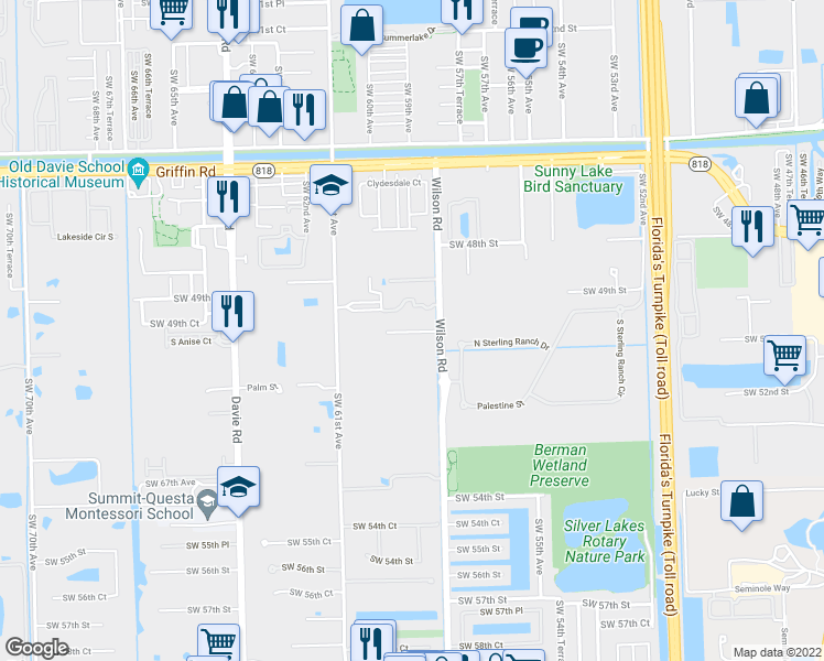 map of restaurants, bars, coffee shops, grocery stores, and more near 5053 Southwest 58th Avenue in Davie