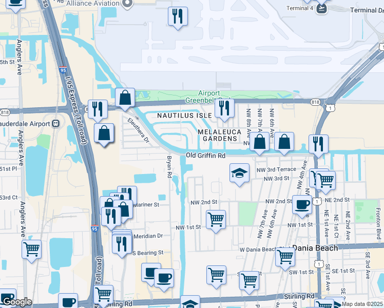 map of restaurants, bars, coffee shops, grocery stores, and more near 3151 Griffin Road in Dania Beach