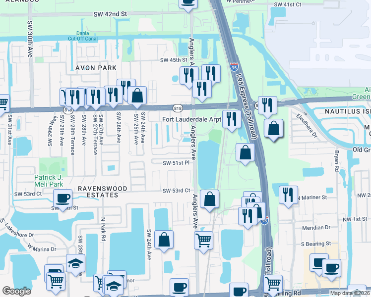 map of restaurants, bars, coffee shops, grocery stores, and more near 2131 Anchor Court in Fort Lauderdale
