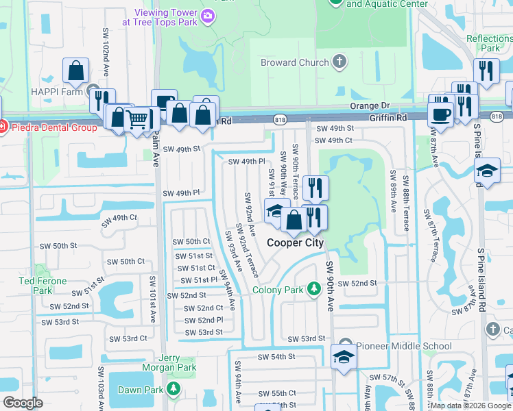 map of restaurants, bars, coffee shops, grocery stores, and more near 5025 Southwest 91st Terrace in Cooper City