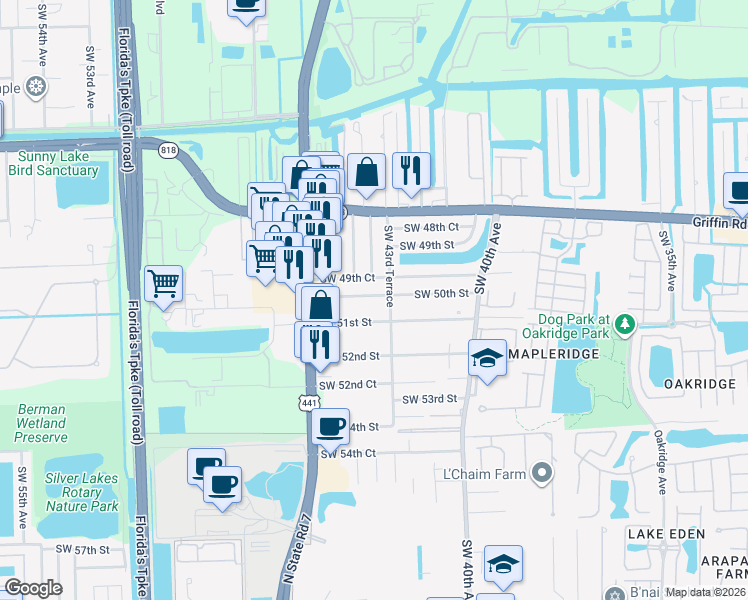 map of restaurants, bars, coffee shops, grocery stores, and more near 4392 Southwest 50th Street in Fort Lauderdale