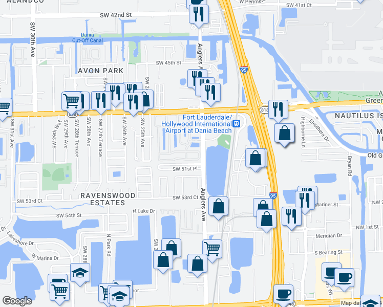 map of restaurants, bars, coffee shops, grocery stores, and more near 2131 Anchor Court in Fort Lauderdale